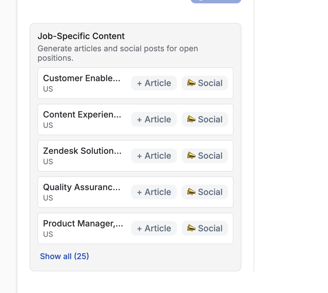 Job-specific content queue for DFIN listing 25 open roles, including Customer Enablement and Product Manager, each with an option to generate a matching article and social post.